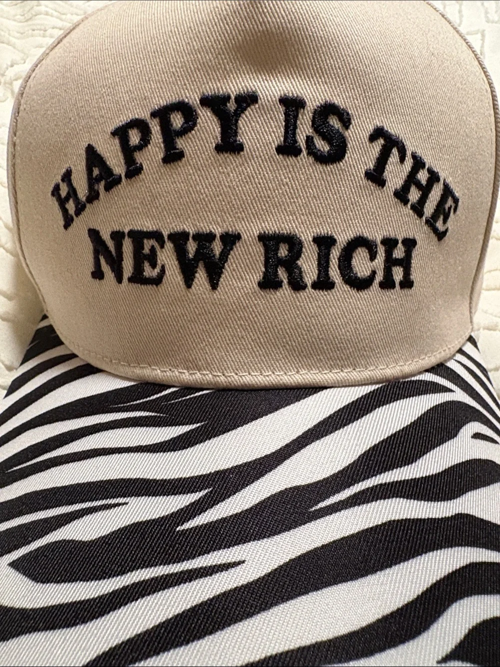 Beige and Black Zebra Print Cap - Happy Is The New Rich NWOT